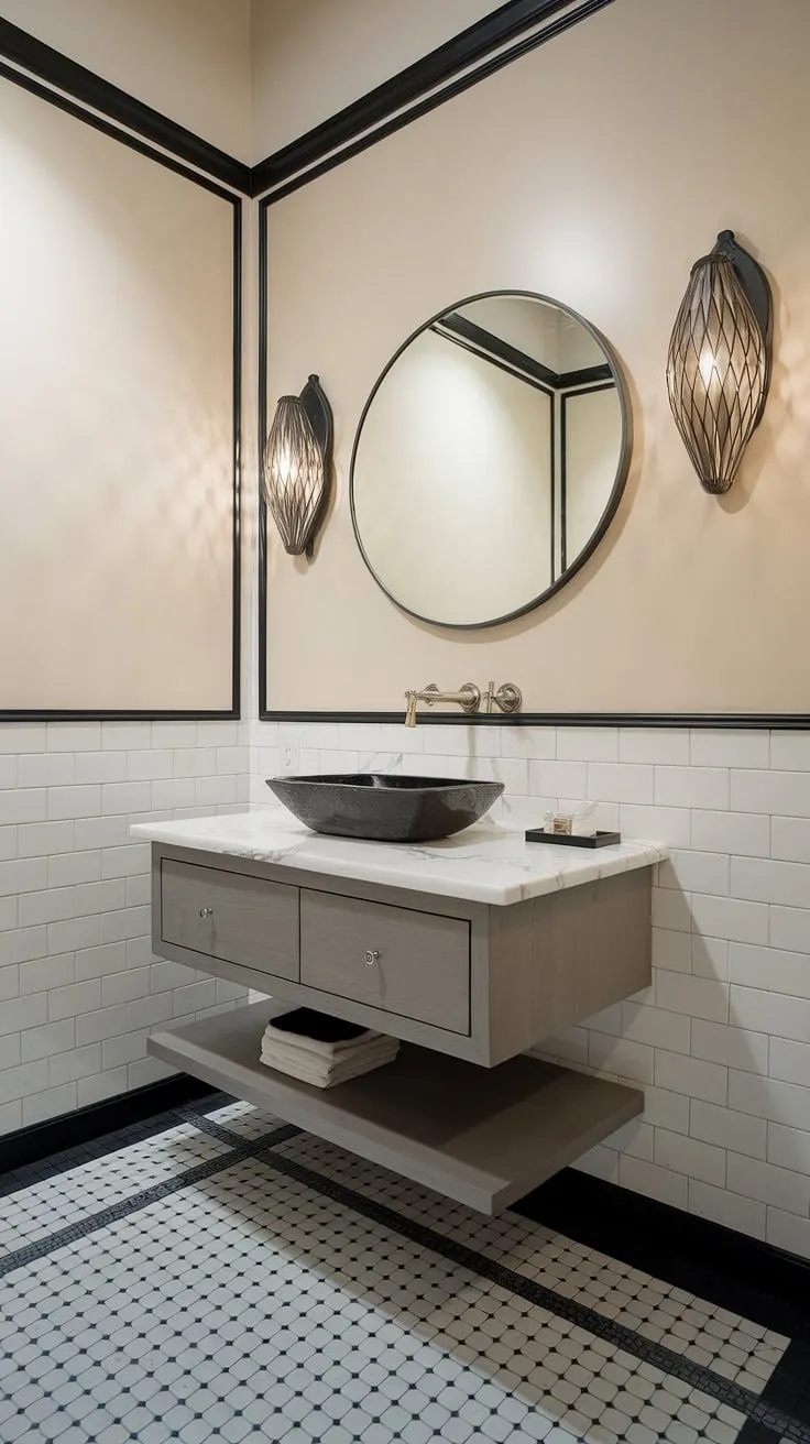 Sleek and sophisticated, this powder room boasts a floating vanity with a white marble countertop and a striking black vessel sink. The black and white checkered floor adds a touch of playful contrast, while the round mirror and elegant lighting fixture complete the chic design. A perfect blend of modern minimalism and timeless elegance.