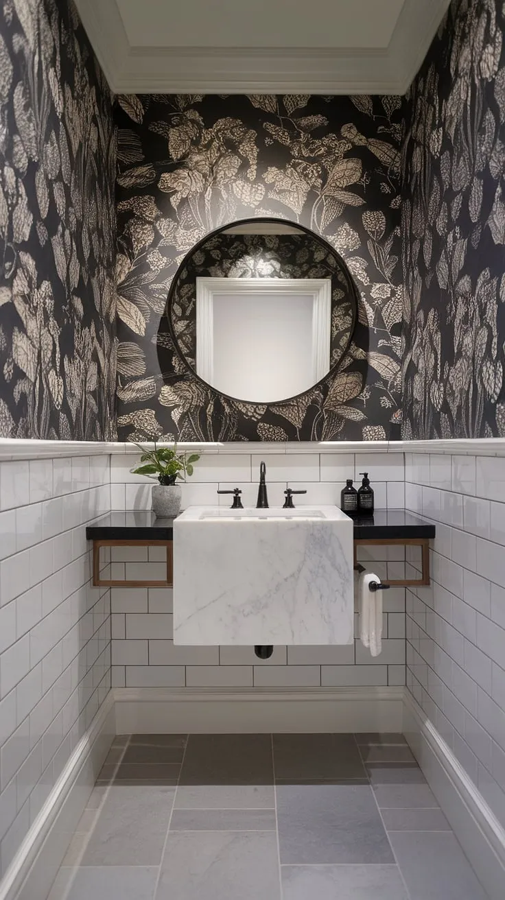 This compact yet elegant powder room boasts a contemporary design, featuring a floating vanity, a chic black and white color scheme, and eye-catching floral wallpaper. The small shower maximizes space without compromising style. A perfect example of how to create a luxurious feel in a limited area.