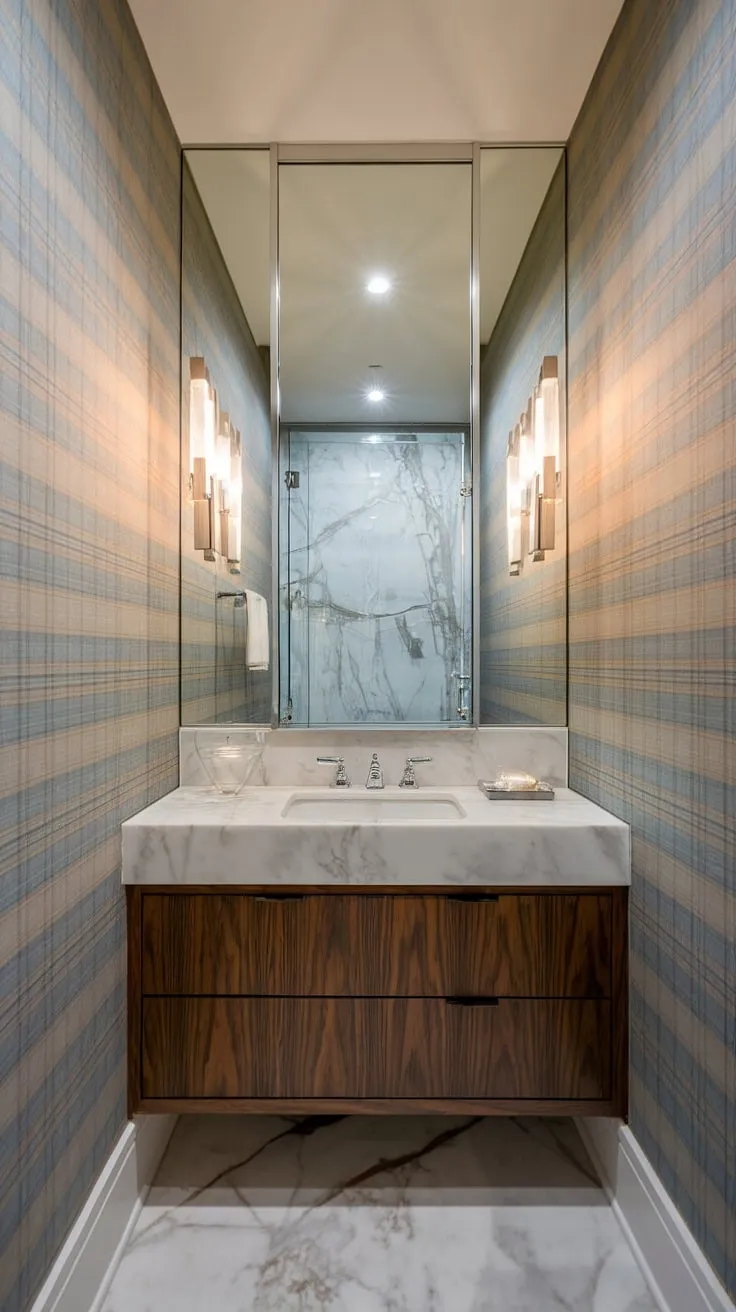 Luxury redefined: This small powder room proves that big style doesn't require a big space. The floating vanity with white marble and the striking blue and beige striped wallpaper create a sophisticated atmosphere, while the glass-enclosed shower maximizes the limited footprint. A testament to efficient, elegant design.