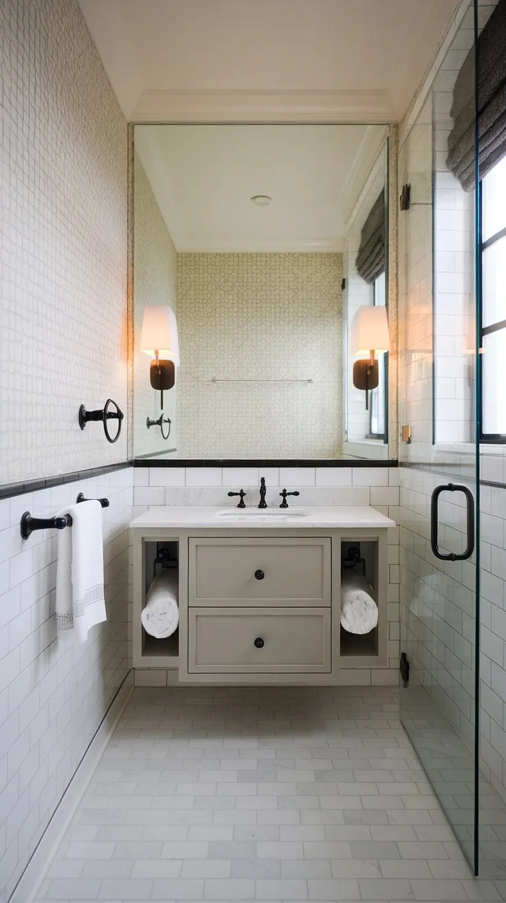 This compact powder room proves that small spaces can be incredibly stylish. The white marble vanity and black fixtures offer a striking contrast against the patterned wallpaper, creating a visually captivating design. The thoughtful inclusion of a shower and window maximizes functionality and light, resulting in a truly luxurious and efficient bathroom.