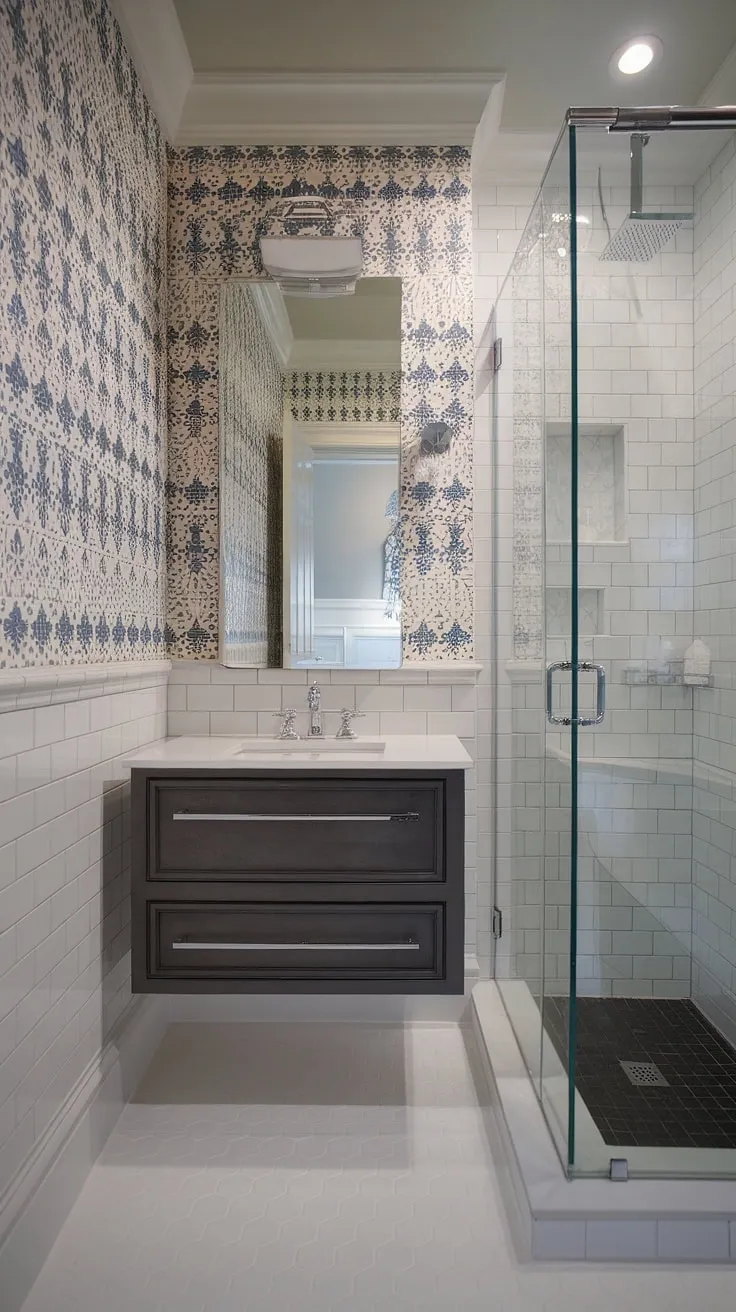 A stunning example of how a small bathroom can feel incredibly spacious and luxurious. The combination of the sleek dark grey vanity, white countertop, and eye-catching wallpaper creates a sophisticated and calming retreat. Every detail, from the minimalist design to the glass shower enclosure, contributes to the overall feeling of refined elegance.