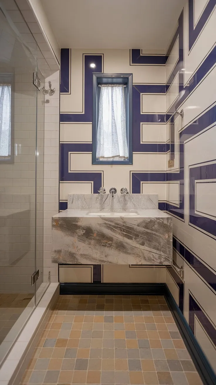 A haven of tranquility awaits. This powder room's sleek design, featuring a floating marble vanity and a striking geometric wall pattern, offers a luxurious escape. The subtle color palette and thoughtful details, including the glass shower enclosure, create a space of understated elegance. A true masterpiece of modern bathroom design.