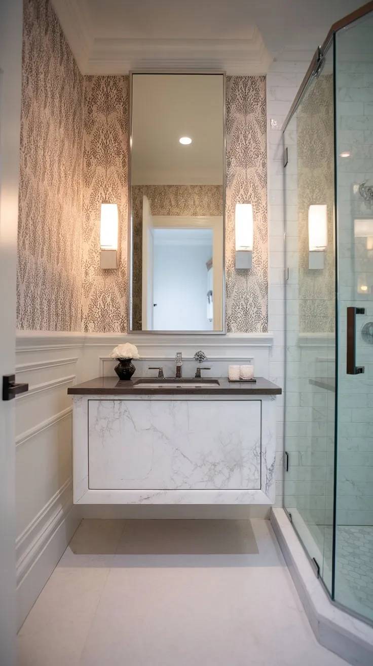 This compact powder room proves that small can be stunning. The floating vanity, crafted from exquisite white marble and topped with a dark contrast, is the focal point of this modern bathroom design. Every detail, from the wallpaper to the glass shower enclosure, speaks to refined luxury.
