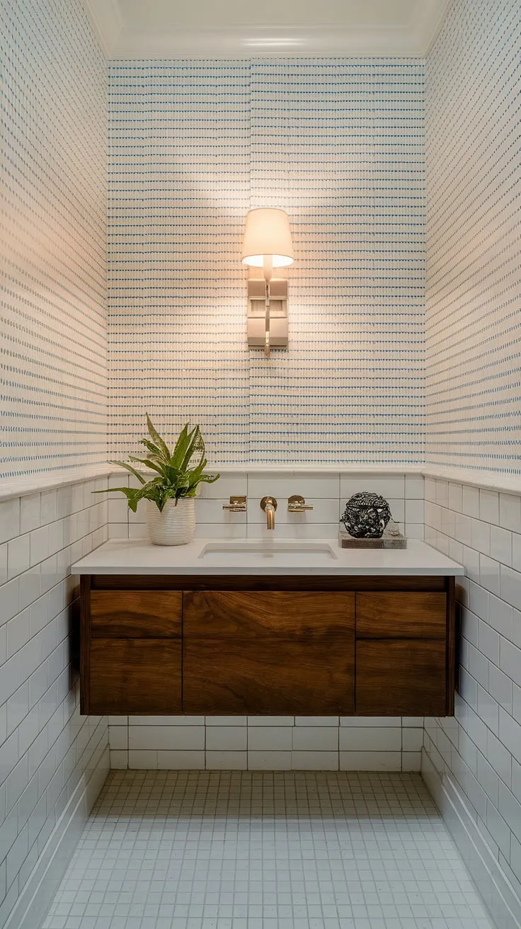 This small but perfectly formed powder room showcases the beauty of simple design. The floating vanity, with its dark wood and white countertop, is a striking feature against the blue and white striped walls. A thoughtfully chosen plant and decorative object add personality, creating a calming and luxurious retreat.