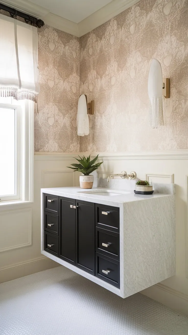 Sleek and sophisticated, this powder room boasts a floating vanity with a white marble countertop, offering a luxurious yet practical space. The black cabinetry and elegant wallpaper create a striking contrast, while the potted plant adds a touch of nature. A perfect blend of modern design and understated elegance.