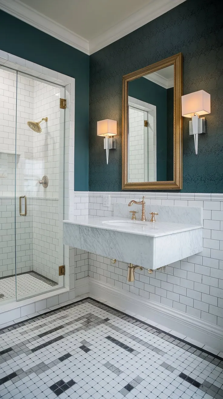 Indulge in the elegance of this modern powder room. The floating white marble vanity, with its striking gold faucet, is a statement piece against the rich teal backdrop. The patterned wallpaper, gold-framed mirror, and stylish wall sconces add layers of refined detail, while the black and white checkered floor provides a touch of classic charm. A glimpse of the contemporary shower completes the picture of understated luxury.