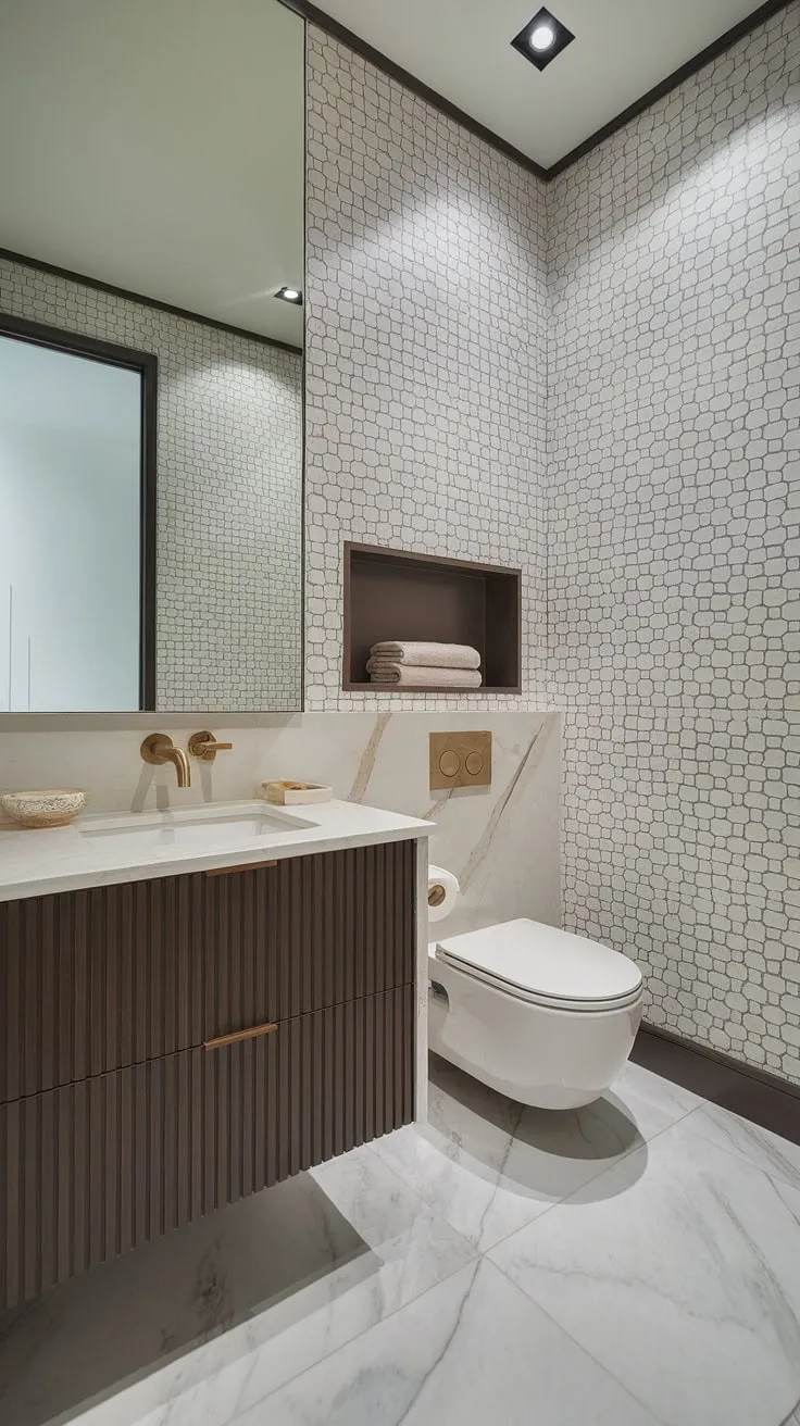 Luxury redefined: This powder room's sleek floating vanity with its white marble countertop and gold faucet, complemented by patterned wallpaper and a wall-mounted toilet, creates a space of understated elegance. The carefully considered details, from the niche for towels to the gleaming marble floor, elevate this small bathroom into a sanctuary.