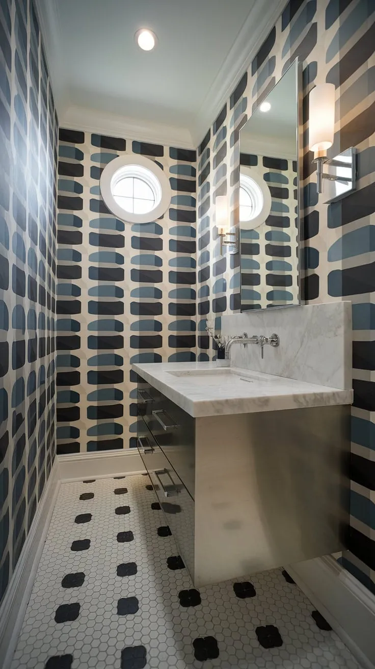 A sophisticated powder room, showcasing a sleek floating vanity and marble countertop, is elevated by a striking geometric wallpaper. The hexagonal and square tile floor adds a touch of modern artistry, while the wall-mounted fixtures and small, high window create a surprisingly spacious feel.