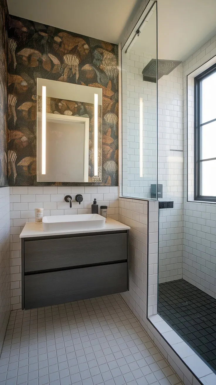 Sleek and sophisticated, this powder room boasts a floating vanity with a statement black sink, illuminated by a modern LED mirror. The unique patterned wallpaper adds a touch of personality, while the white tiles and sheer curtain maintain a sense of airy spaciousness. A perfect blend of form and function.