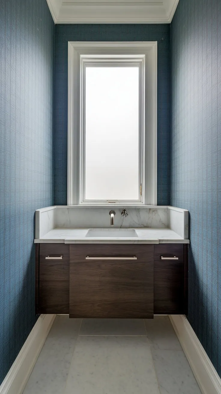 Serene sophistication meets minimalist design in this powder room. The floating dark wood vanity with white marble countertop and geometric blue wallpaper create a calming sanctuary, perfect for a moment of quiet reflection. A touch of luxury in a compact space.
