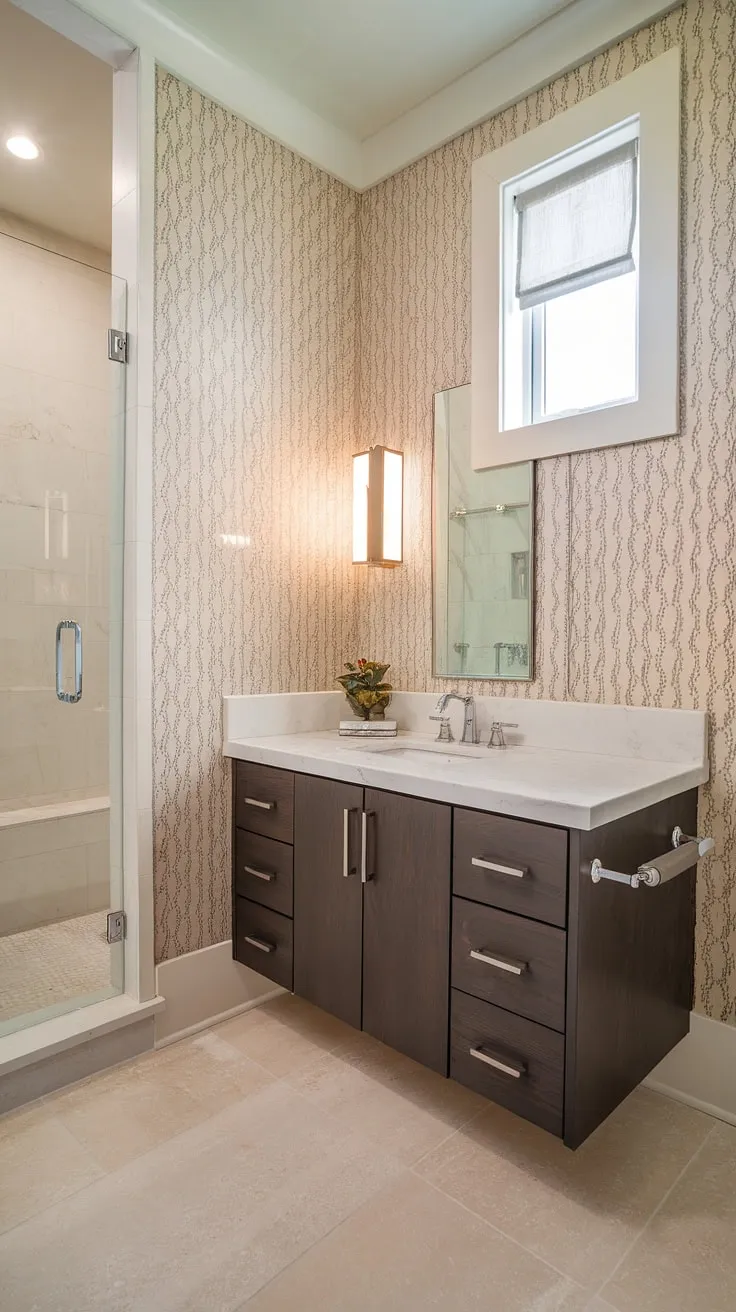 Serene sophistication meets modern minimalism in this powder room. The floating vanity, with its sleek dark wood and cool marble, is perfectly complemented by the subtle patterned wallpaper and warm beige tones. A tranquil escape, perfectly designed for everyday luxury.