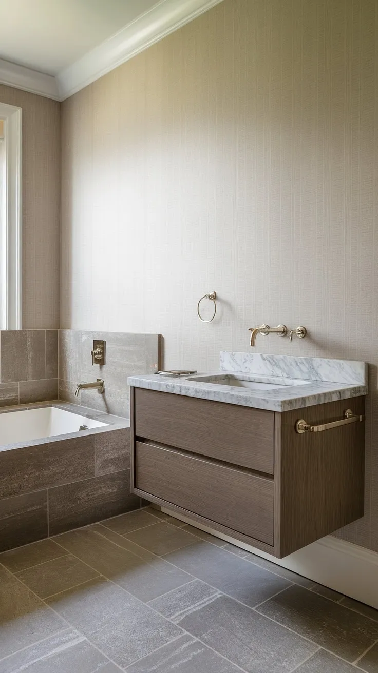Indulge in the serenity of this exquisitely designed powder room. The floating vanity, featuring a marble countertop and convenient pull-out sprayer, complements the modern bathtub seamlessly. Every detail, from the subtle wallpaper to the grey tiles, contributes to a tranquil and sophisticated atmosphere.