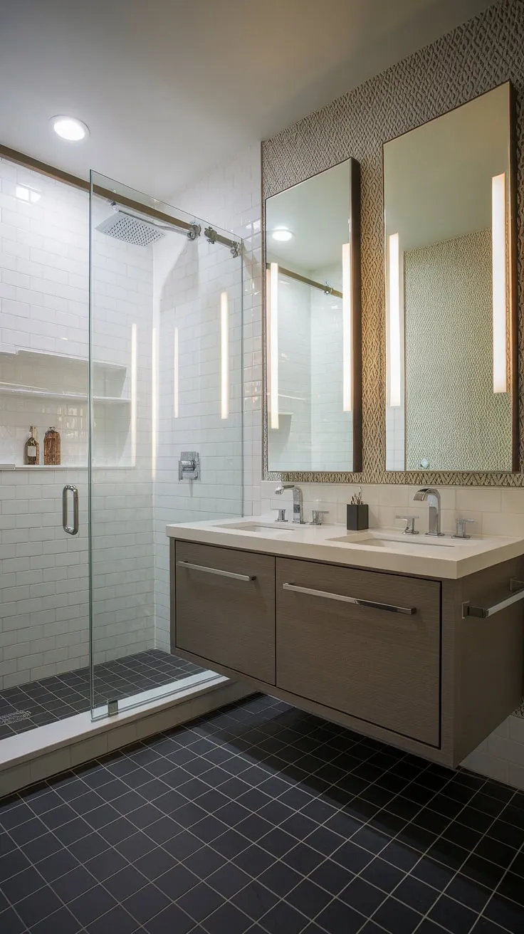 A sophisticated powder room, showcasing a contemporary floating vanity with dual sinks and a sleek glass shower enclosure. The black and white tiled floor and patterned wallpaper create a luxurious, yet functional space. A perfect blend of modern design and elegant practicality.