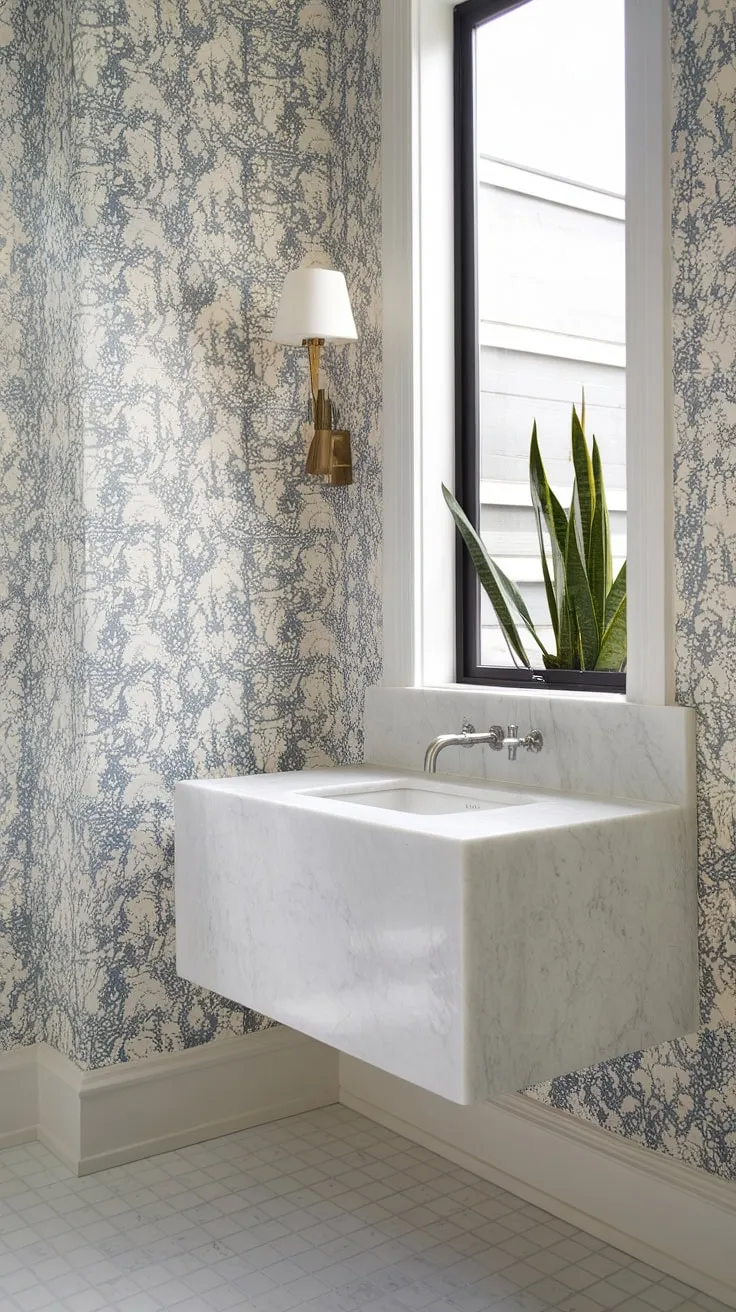 Serene sanctuary. The floating white marble vanity, illuminated by the wall-mounted lamp, creates a spa-like atmosphere in this powder room. A glimpse of nature through the window complements the elegant blue and white floral wallpaper, offering a tranquil escape. A perfect blend of modern design and calming aesthetics.