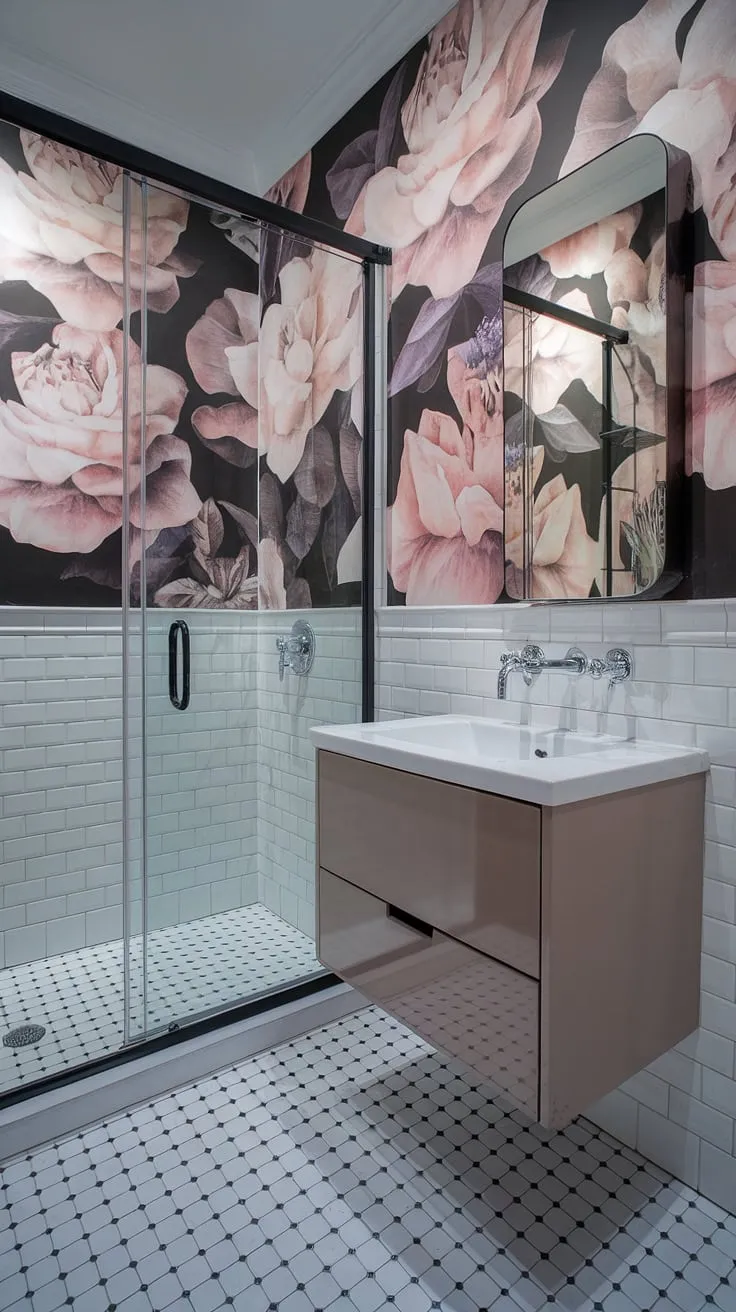Step into serenity. This petite powder room, boasting a chic black and white checkerboard floor and a statement floral wallpaper, proves that even the smallest spaces can exude luxury. The floating vanity and sleek chrome fixtures complete the elegant design.