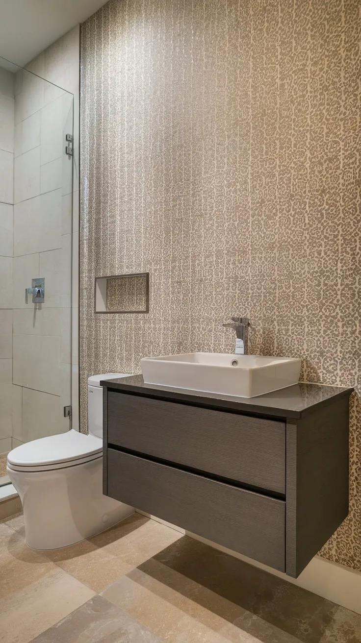 This small but perfectly formed powder room showcases the power of thoughtful design. The contemporary floating vanity, with its dark gray cabinetry and white countertop, anchors the space, while the patterned wallpaper adds a touch of personality. The frameless shower and recessed niche complete the stylish and functional aesthetic.