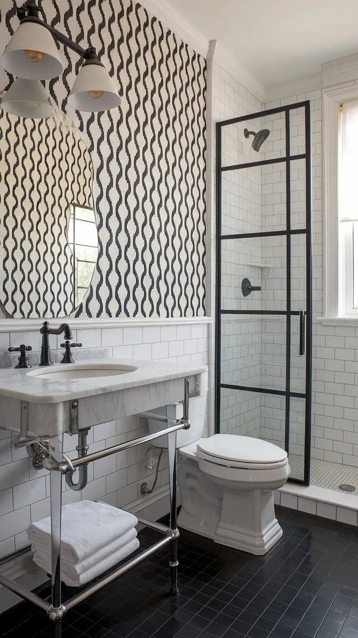 A small space, maximized. This powder room proves that even a compact bathroom can be a statement piece. The striking black and white design, from the wallpaper to the flooring, is balanced by the clean lines of the vanity and fixtures, creating a surprisingly spacious and stylish retreat.