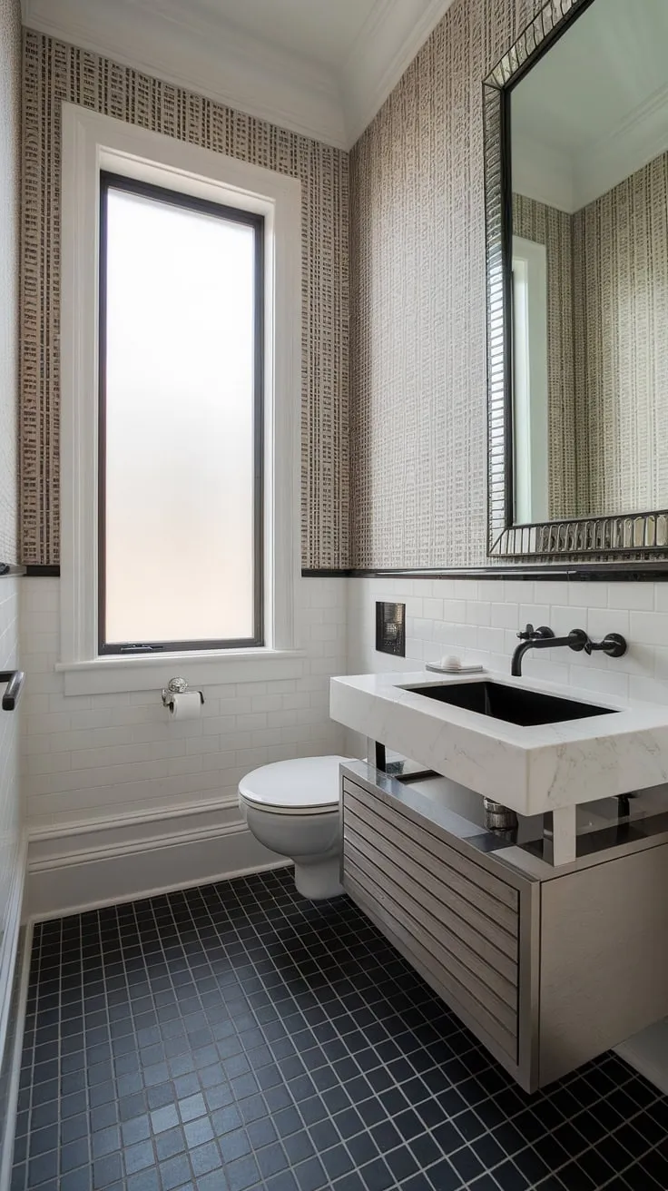 A small space, maximized. This powder room proves that even a compact bathroom can be a statement piece. The striking black and white checkered floor, paired with the elegant marble vanity and geometric wallpaper, creates a sophisticated and stylish retreat. A truly inspiring example of efficient design.