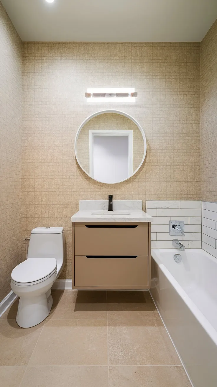 A minimalist haven of serenity, this compact bathroom boasts a contemporary aesthetic. The white fixtures, subtle wallpaper pattern, and the elegant floating vanity with its white marble countertop and black faucet create a space that's both stylish and functional. The clever use of space demonstrates that even a small powder room can be a luxurious retreat. A