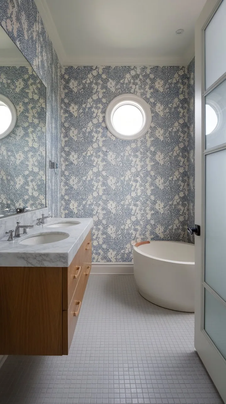 This modern powder room exudes understated luxury with its elegant floating vanity, marble countertops, and charming floral wallpaper, creating a delightful retreat accentuated by a round window and classic subway tile floor.