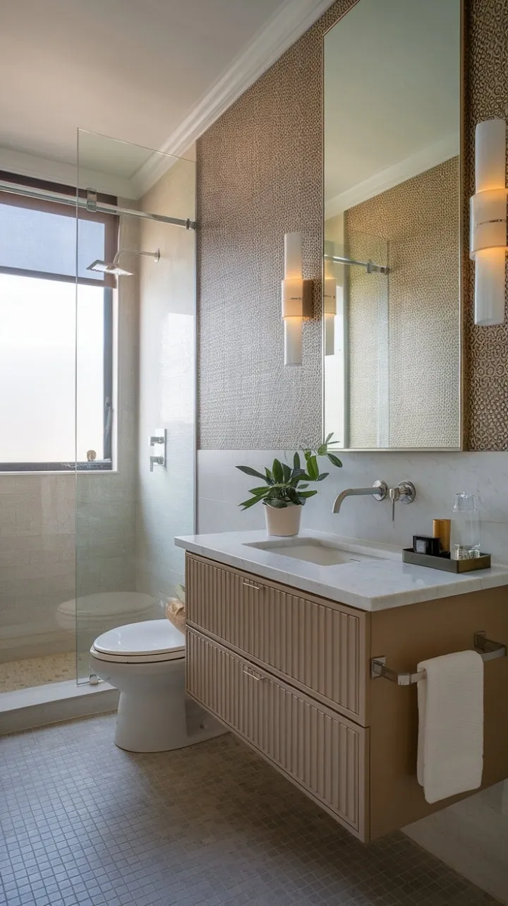 This chic small bathroom showcases that luxurious style can thrive in compact spaces, blending modern elegance with nature's warmth.