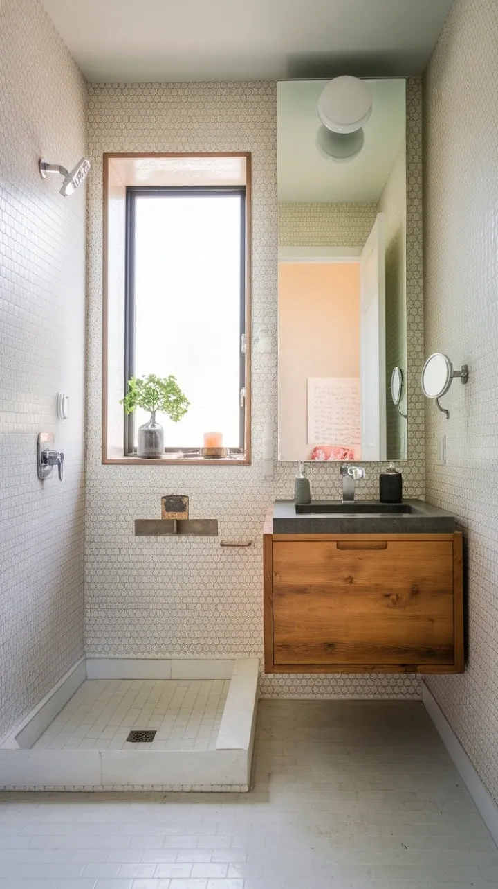 Bathed in sunlight, this elegantly designed powder room harmoniously combines modern minimalism with luxurious details, creating a tranquil sanctuary enhanced by greenery and thoughtful accents.