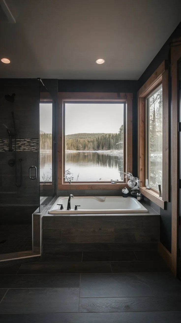 This stunning lakehouse bathroom blends modern rustic luxury with a spa-like atmosphere, featuring a glass-walled shower and tub that evoke an unforgettable mountain retreat.