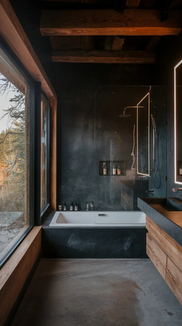 Indulge in a sensory sanctuary where dark, moody hues and breathtaking views transform a luxurious bathroom into a spa-like retreat.