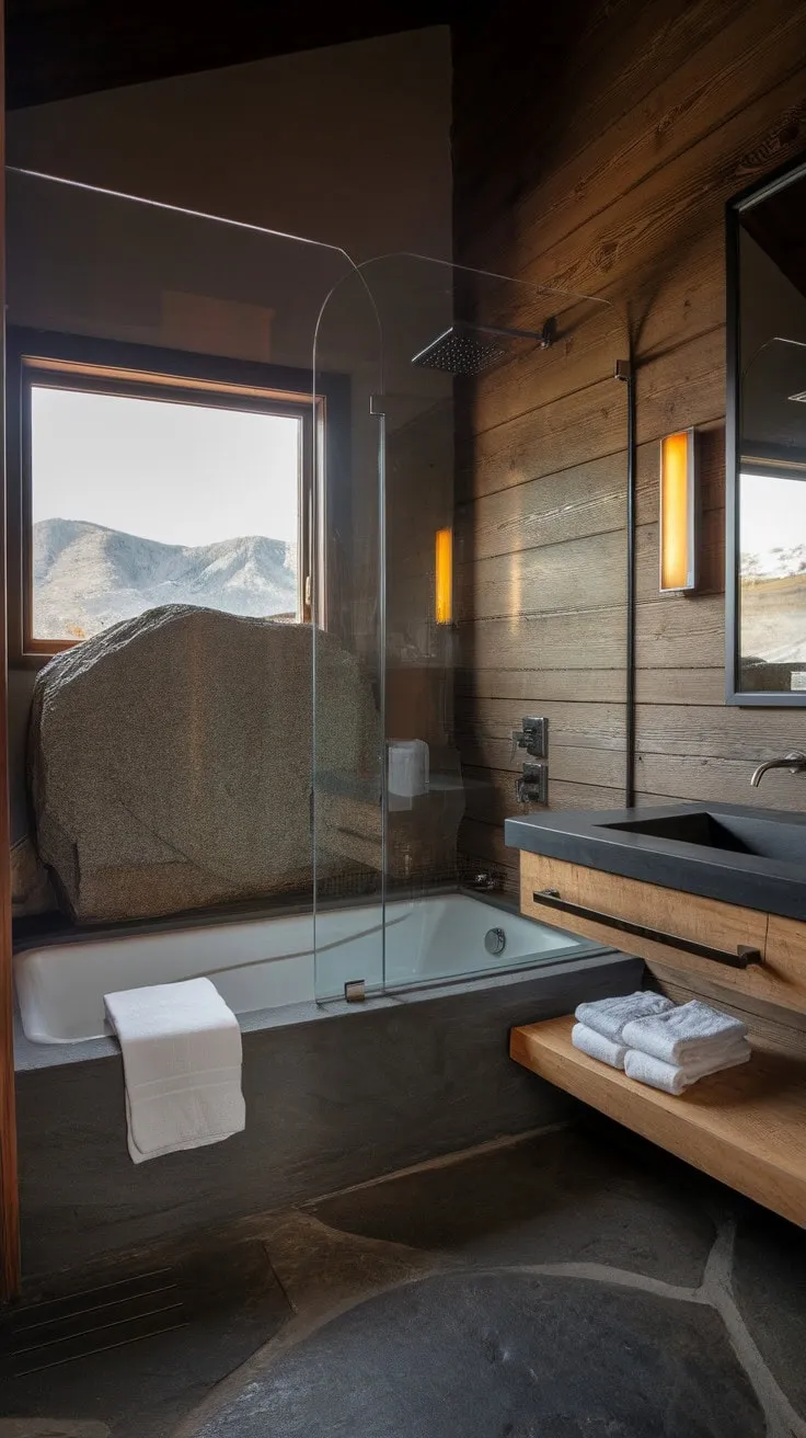 Experience unparalleled tranquility in this modern rustic bathroom, where a striking rock feature and luxurious tub invite you to unwind amidst rich wood accents and breathtaking mountain views.