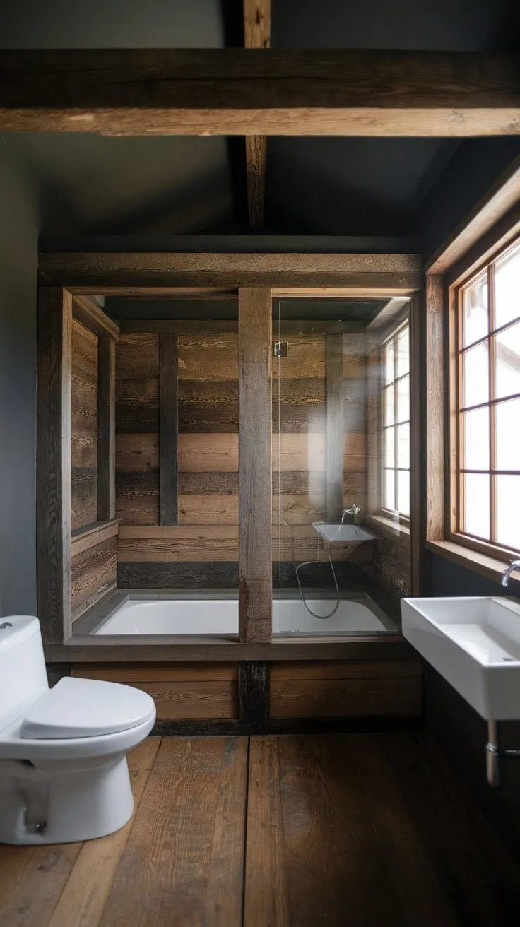 Experience a captivating sanctuary where dark hues and natural wood harmonize in a modern rustic bathroom, featuring a luxurious glass-walled shower and soaking tub behind a stylish slatted partition.