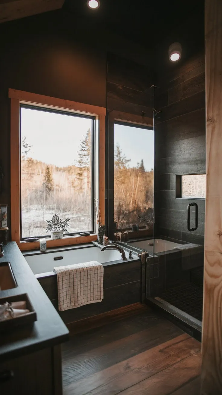 Immerse yourself in a serene mountain bathroom where a glass-framed tub offers stunning views, rich textures, and natural wood create a tranquil retreat for self-reflection.