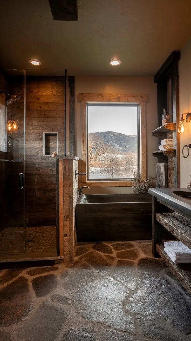 This captivating bathroom blends sleek modernity with rustic charm, offering a serene escape that overlooks stunning mountain views.