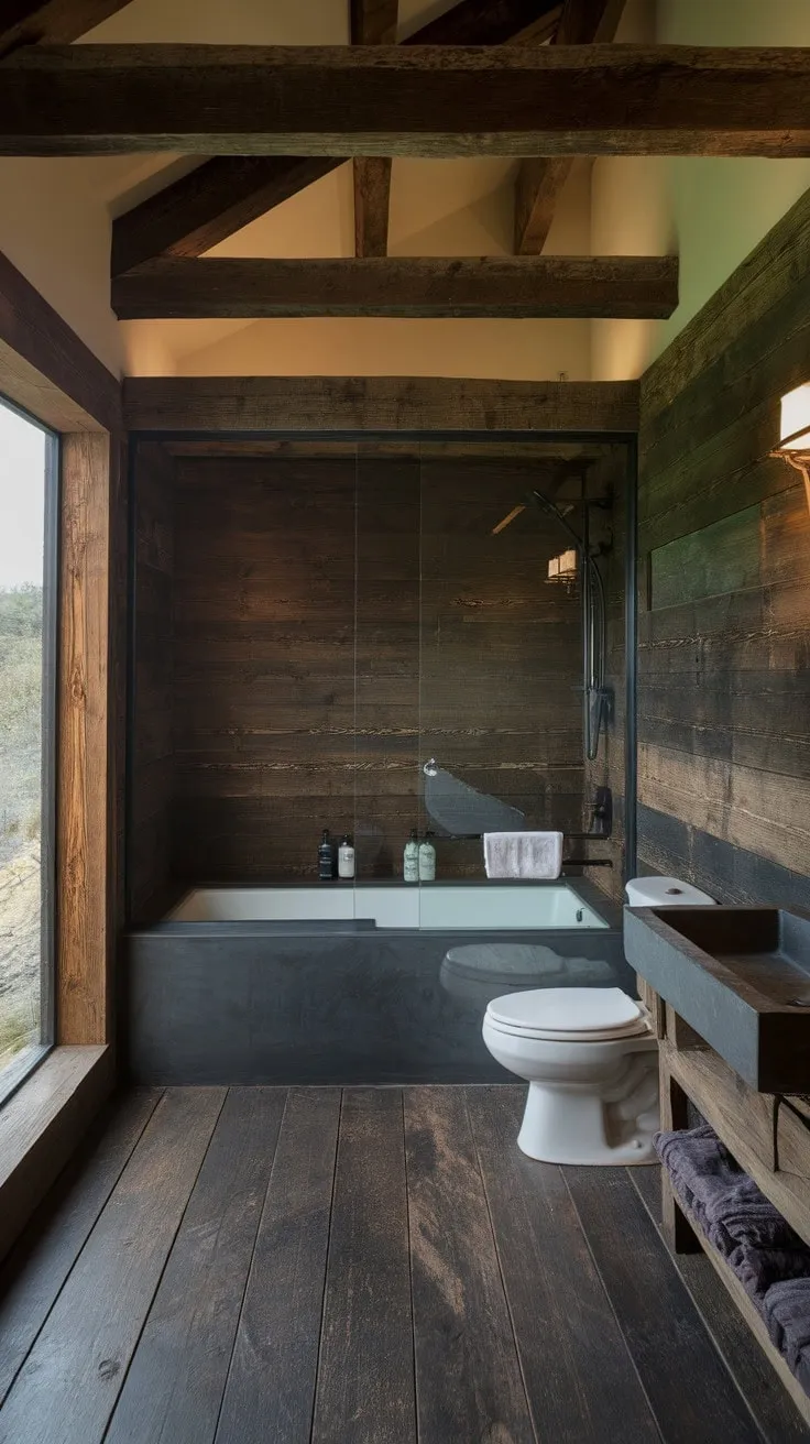 This sophisticated bathroom blends dark wood elements with natural light and luxurious features, creating a serene yet dramatic retreat.