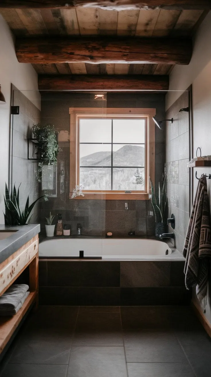 Experience the ultimate retreat in this modern rustic bathroom, where dark wood harmonizes with stunning mountain vistas and a luxurious glass-enclosed tub invites relaxation amidst nature's beauty.