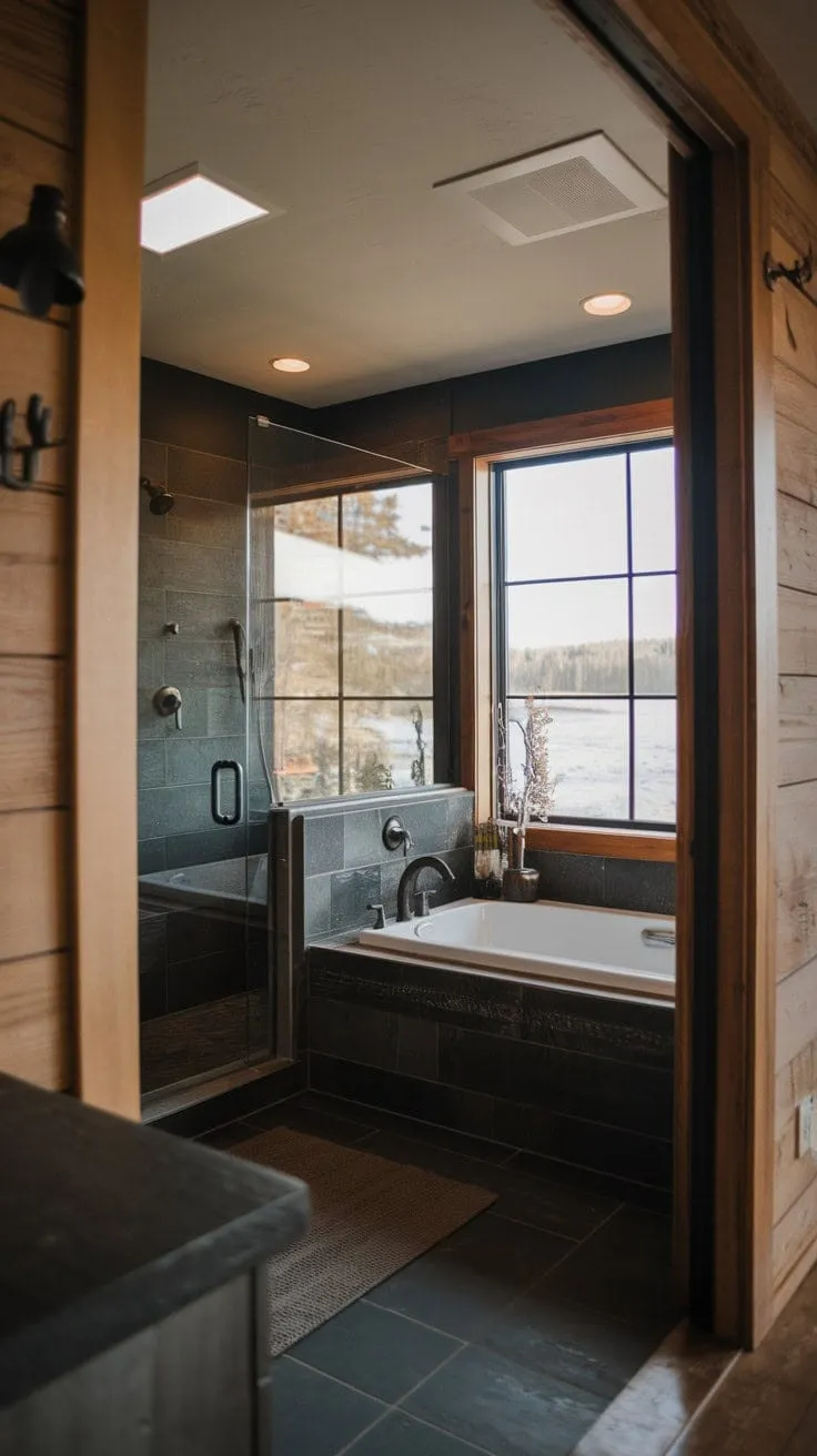 Experience a luxurious retreat in this cool, dark master bathroom where rustic mountain charm meets modern elegance, featuring a stunning side-by-side tub and shower illuminated by natural light.
