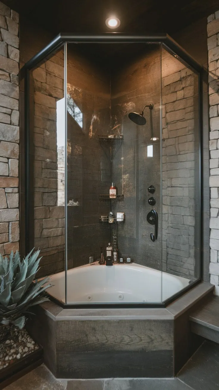 Experience a tranquil sanctuary in this modern rustic bathroom, where dark tones and natural stone harmonize with a luxurious corner tub and shower, all beautifully accented by lush greenery.