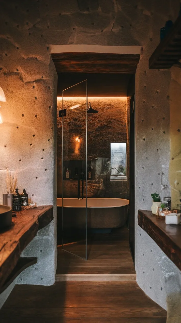 Experience a captivating blend of modern luxury and rustic charm in this dark-toned bathroom, featuring a glass-enclosed tub and warm lighting that invites relaxation.