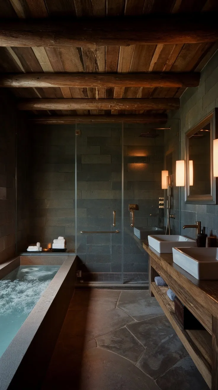 This bathroom masterfully fuses rustic charm with contemporary elegance, creating a dark and dramatic sanctuary for ultimate relaxation.
