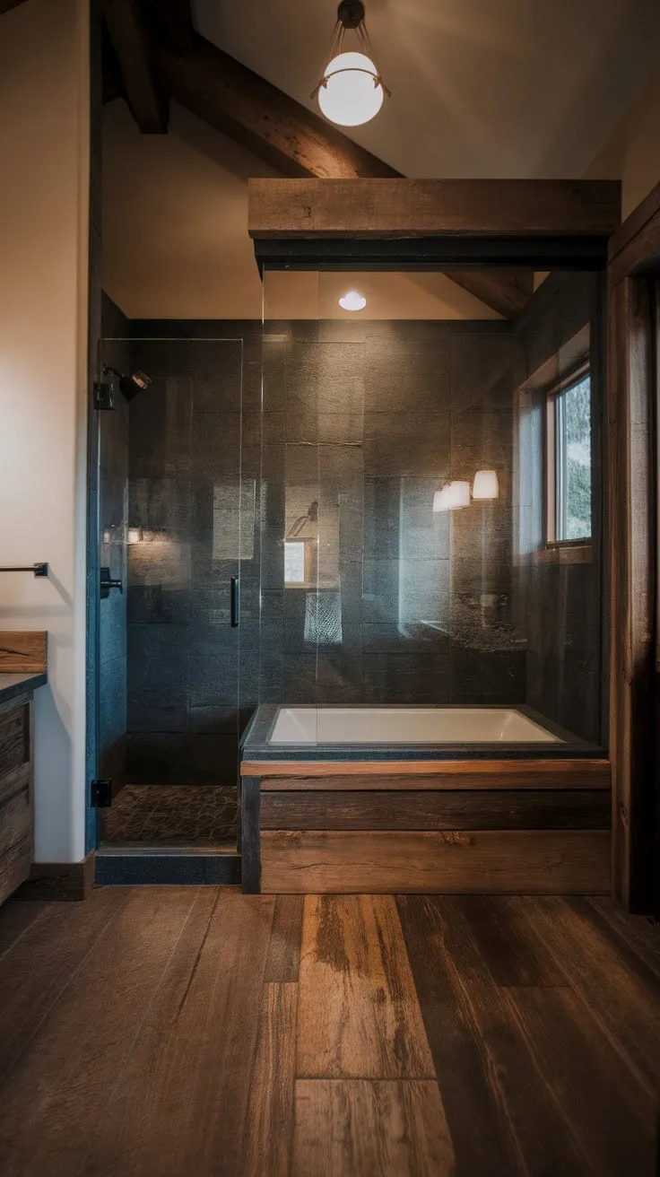 Experience a luxurious retreat in a secluded mountain haven, where a dark, moody bathroom with a glass-walled shower and wooden-framed tub offers a spa-like escape.