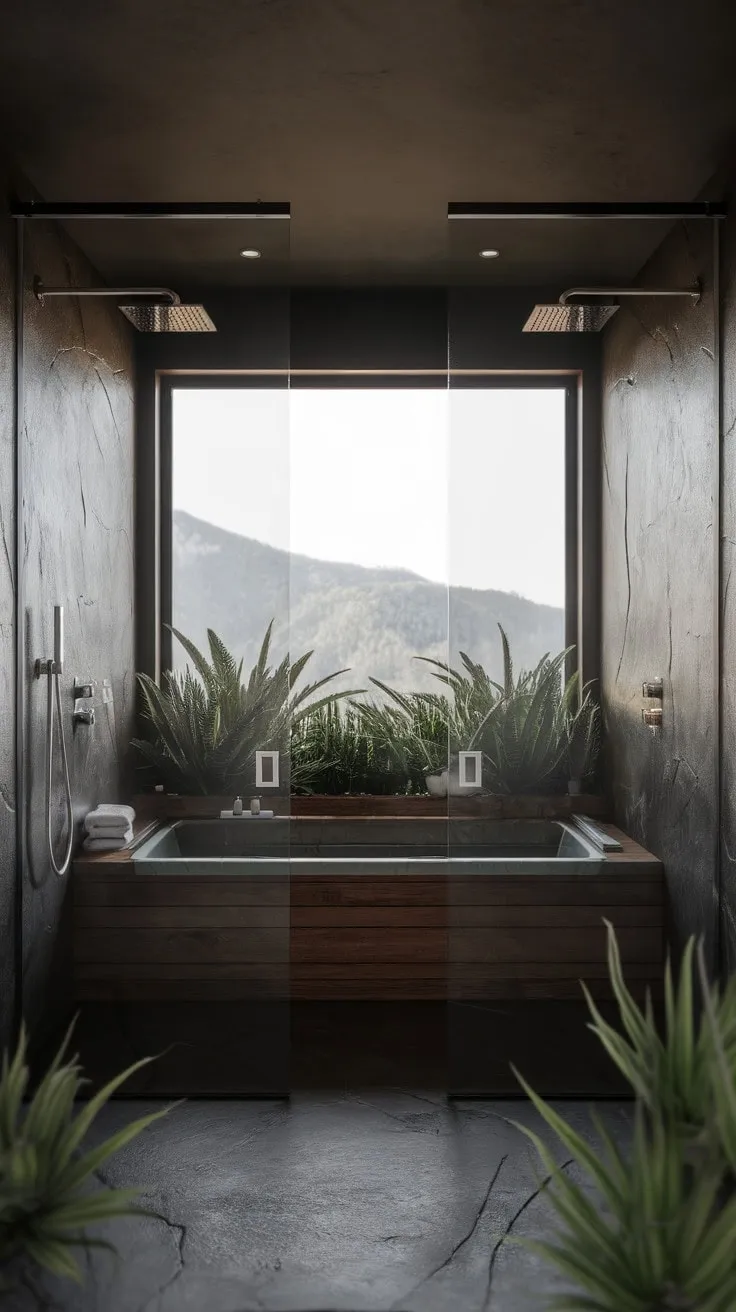 Experience a tranquil retreat in this modern rustic bathroom, where dark tones and natural stone harmonize with sleek glass features and a stunning mountain view.