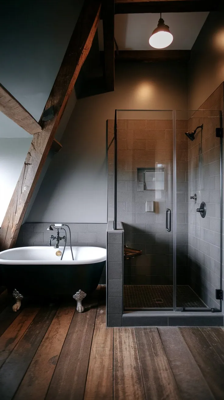 Experience the perfect blend of rustic charm and modern luxury in this serene master bathroom, featuring dark tones, exposed beams, and a spacious tub for a tranquil escape.