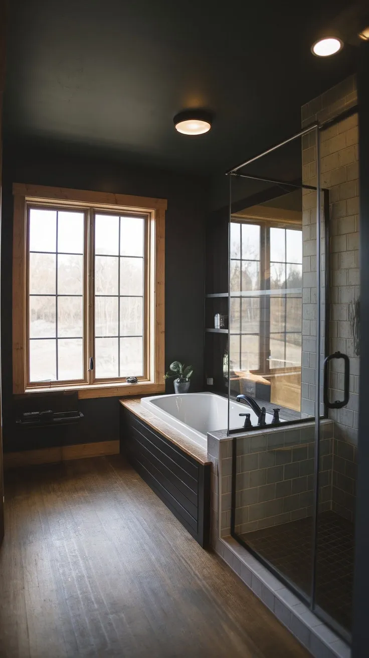 Experience tranquility in a modern rustic bathroom where dark grey walls, wood floors, and a spacious tub invite relaxation, all illuminated by natural light from a large wooden-framed window.