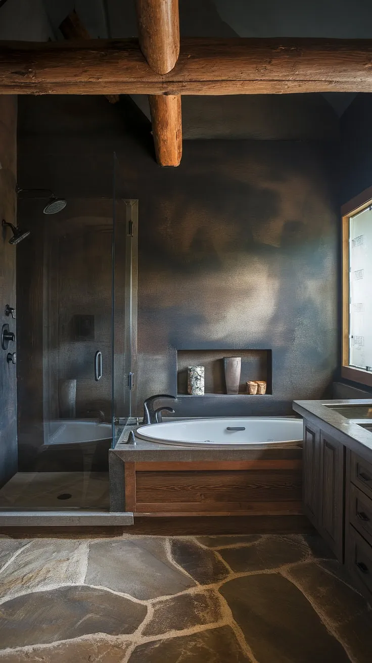 With its large stone floor and rough-textured walls, this big bathroom showcases rustic bathroom ideas that blend a side-by-side tub and shower for a stylish yet functional space.