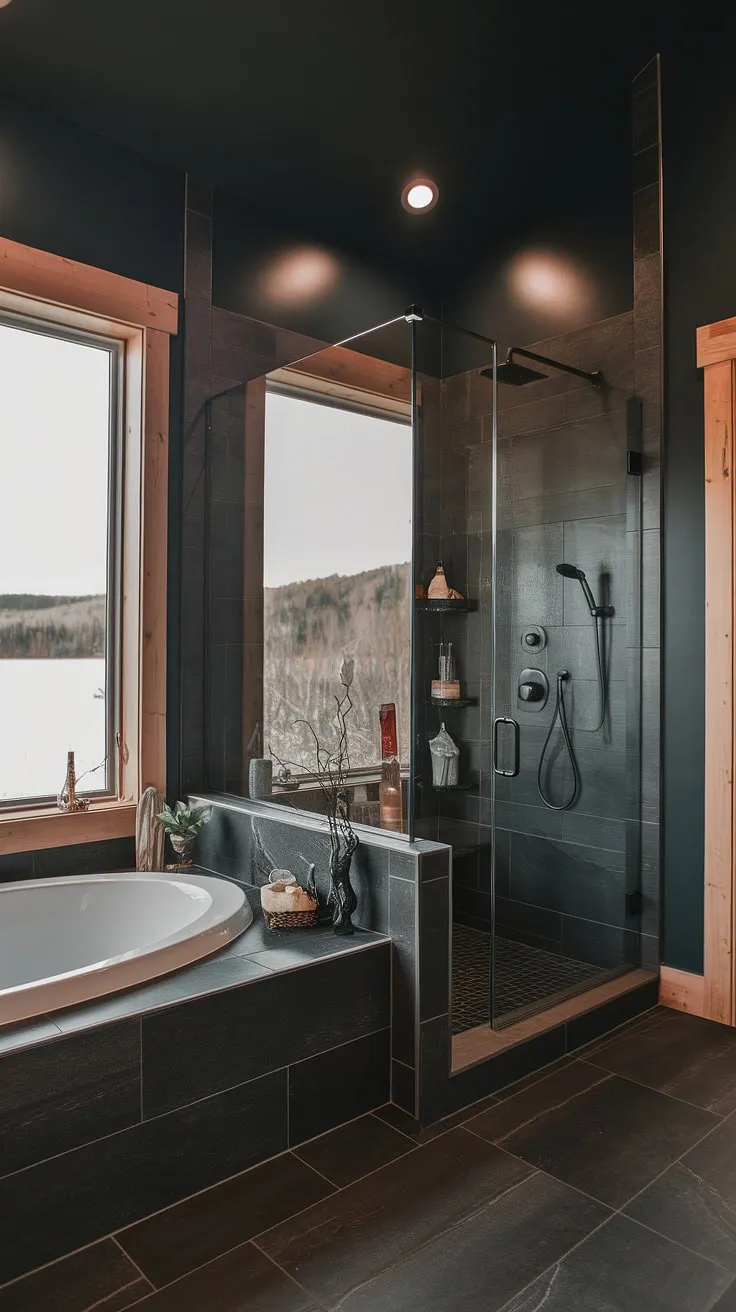 With its dark theme and side by side tub and shower behind a glass wall, this modern rustic bathroom embodies the charm of a lakehouse and mountain home, making it a standout in large bathroom ideas.