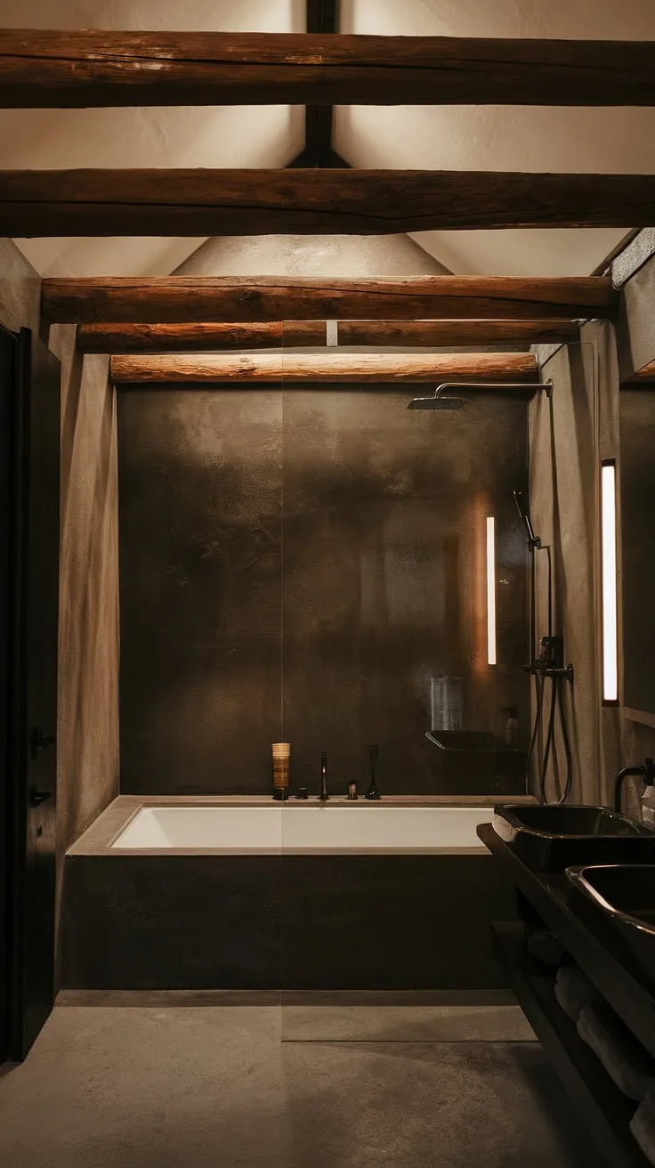 With its cool master bathroom design, this large bathroom showcases a side-by-side tub and shower behind a glass wall, blending rustic elements and a dark theme for a stunning lakehouse or mountain home retreat.