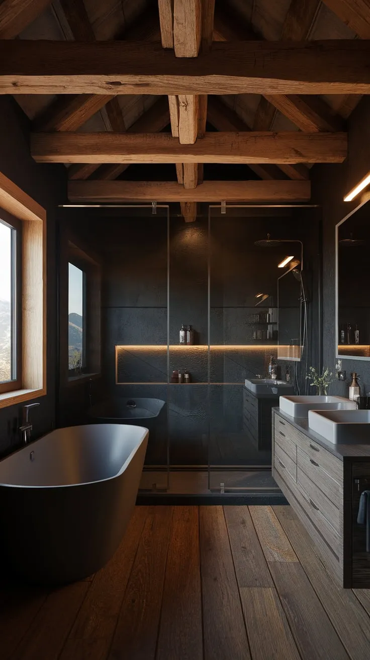 This cool master bathroom combines rustic elements with a large layout, showcasing a big bathtub and shower behind glass, all set against a warm, inviting atmosphere.