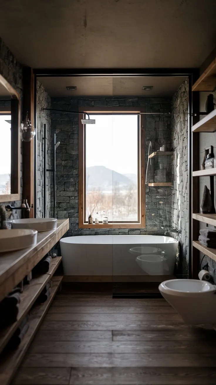 This modern rustic bathroom features a dark theme with a side-by-side tub and shower behind a glass wall, wooden floors, and stone walls, making it an ideal inspiration for lakehouse and mountain home bathrooms.