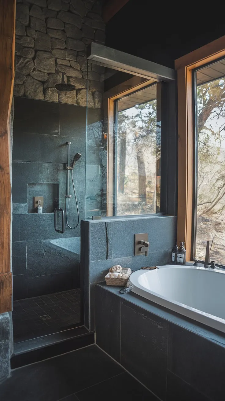 This modern rustic bathroom features a dark theme with a side-by-side tub and shower behind a glass wall, blending natural elements and modern fixtures for a cool lakehouse or mountain home vibe.