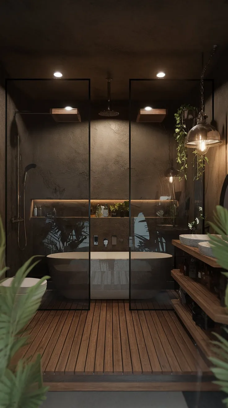 This modern rustic bathroom features a dark theme with a side-by-side tub and shower behind a glass wall, wooden floors, textured walls, and plants, making it an ideal inspiration for lakehouse and mountain home bathrooms.