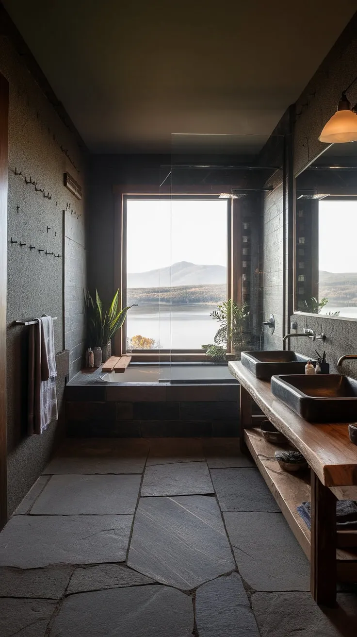 This modern rustic bathroom features a dark theme with a stunning lake and mountain view, showcasing a side-by-side tub and shower behind a glass wall, perfect for lakehouse and mountain home aesthetics.